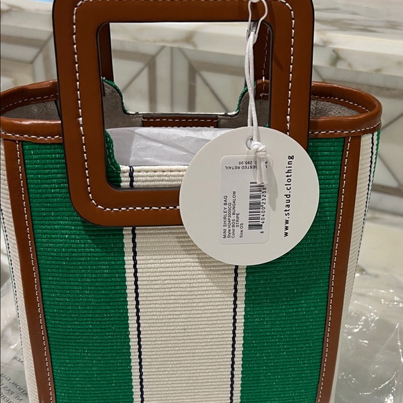 STAUD Green and Cream Tote with Brown Trim - Picture 4 of 4